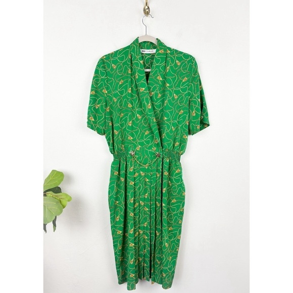 Vintags 80s Ms Chaus Green Gold Chain Print Midi Dress Sz 12 - Picture 1 of 10